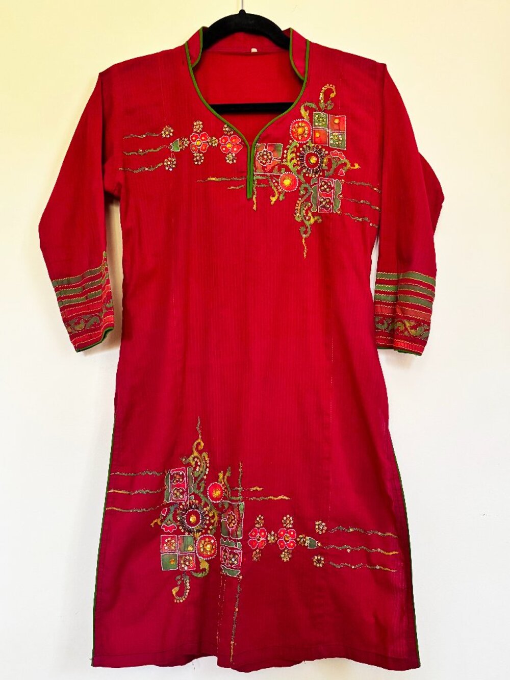 Authentic Indian Kurta Tunic Top -Tomato Red -Embroidered and Beaded Size S